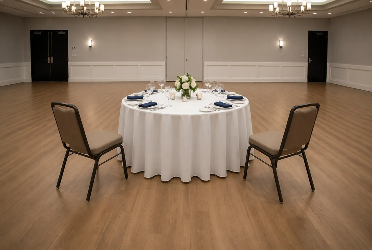 A dressed 60-inch round with two chairs pulled fully out, showing the floor the table really claims