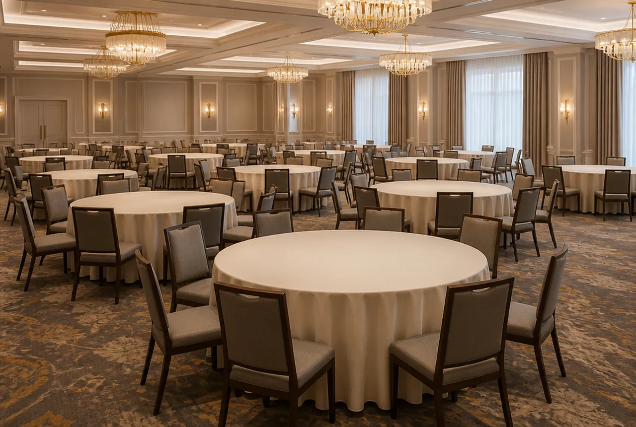 A neutral ballroom filled with evenly spaced 60-inch round banquet tables under floor-length ivory linen, chairs set and warm chandelier light.
