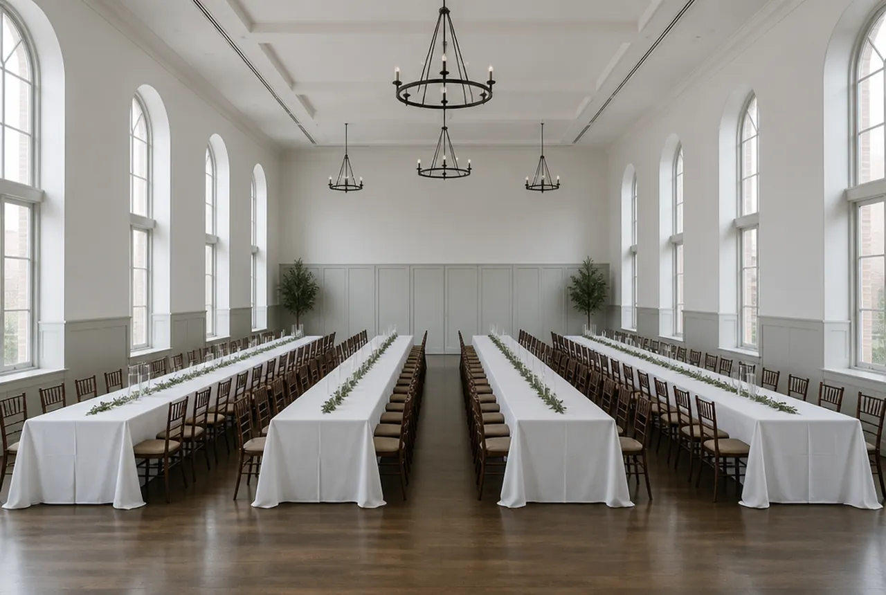 A hall set with four parallel runs of 8-foot rectangular banquet tables in white linen, chairs on both sides, tall windows and cool daylight.