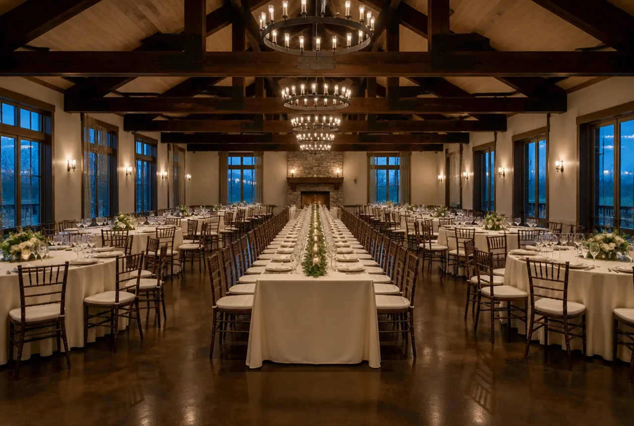 A hall combining a central run of long banquet tables with 60-inch rounds either side, all in matching ivory linen and soft evening light.