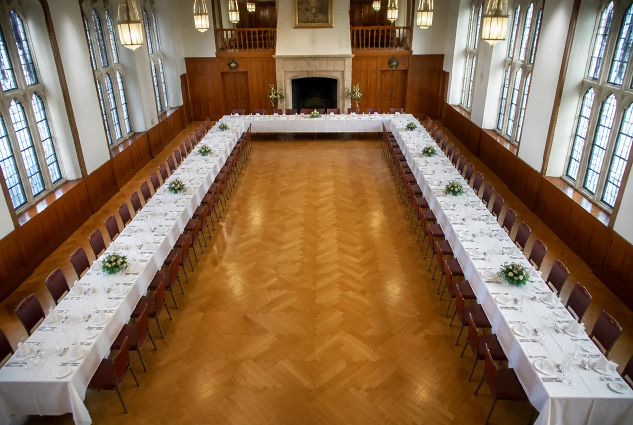 Long banquet tables arranged in an open horseshoe around a bare parquet centre in a high-ceilinged hall with empty chairs set.
