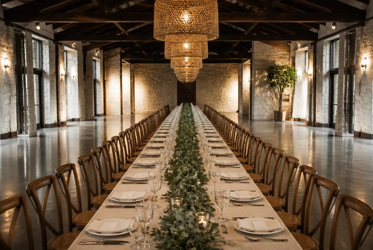 A single very long banquet table running the length of a hall with chairs on both sides, a greenery runner down the centre and warm pendant light.