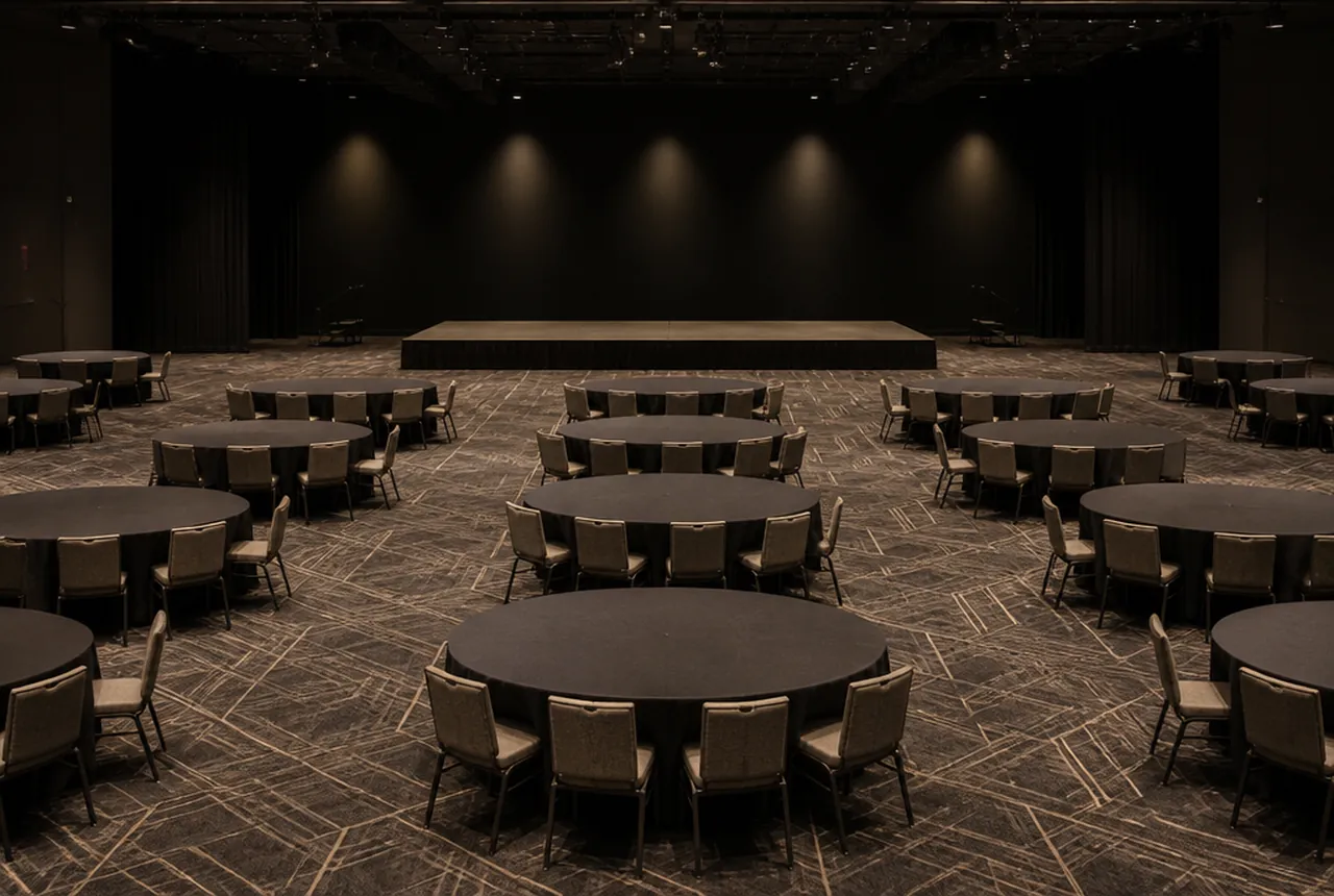 60-inch round tables each set with chairs on only the far half of the table, all facing an empty low stage and dark auditorium lighting.