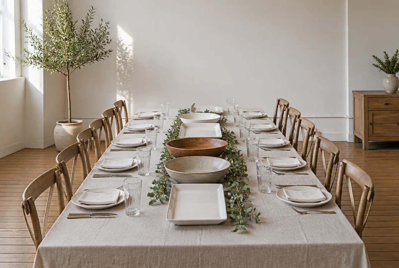 An 8-foot banquet table dressed for family-style dining with empty serving platters and bowls down the centre, chairs set and natural light.