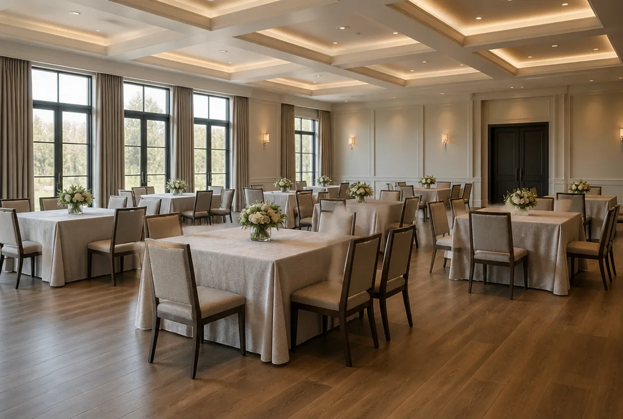 A hall set with square banquet tables in a loose staggered cluster, matching linen and chairs and soft afternoon light.