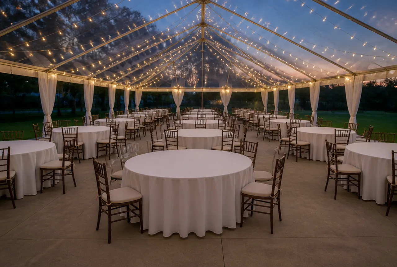 A clear-span event tent set with 60-inch round tables under string lights, grass floor edges visible and dusk.