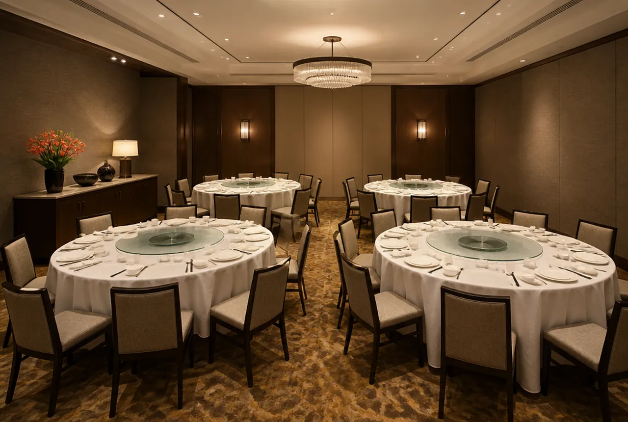 A compact private dining room set with four 60-inch round tables and a small buffet against one wall with warm lighting.