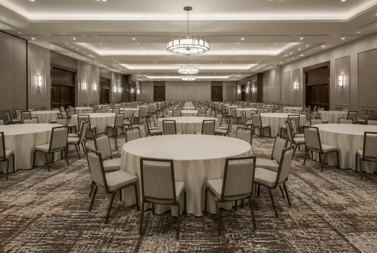 A neutral ballroom filled with 60-inch round tables in ivory linen, chairs set and even overhead light.