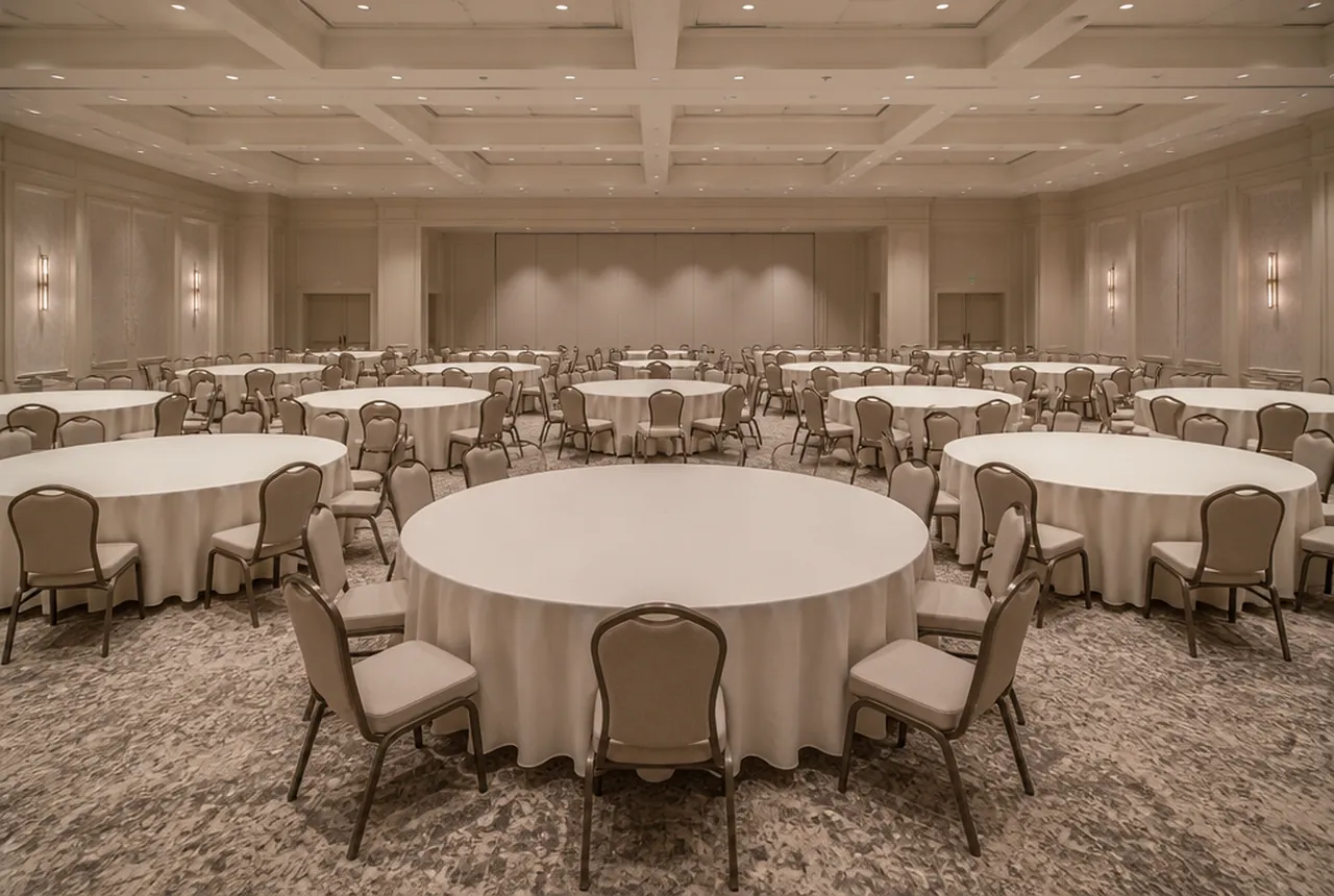 The same neutral ballroom filled instead with larger 72-inch round tables in the same ivory linen, chairs set and identical even overhead lighting.
