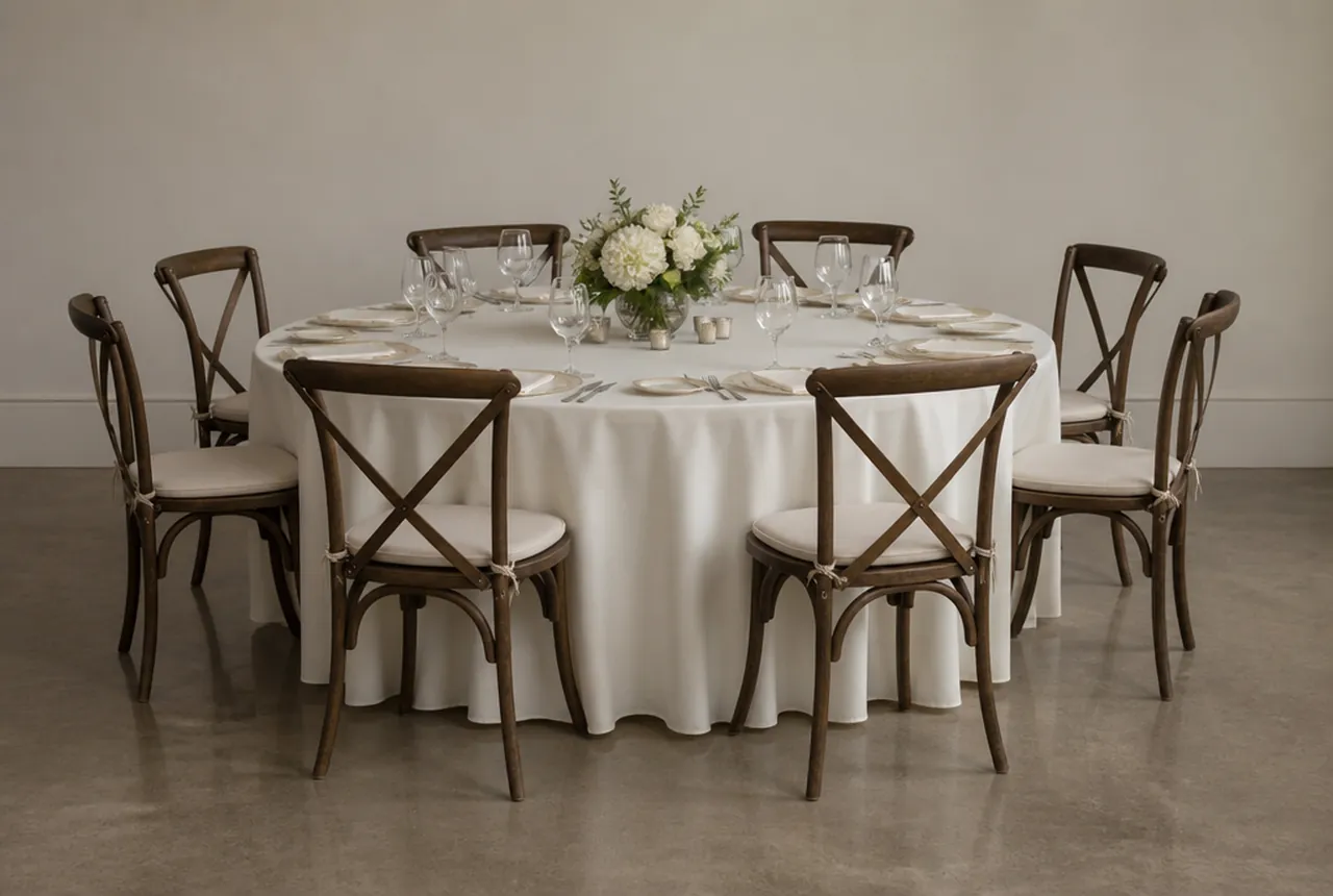 One 60-inch round table dressed in floor-length ivory linen with eight chairs evenly set, plain neutral background and soft light.