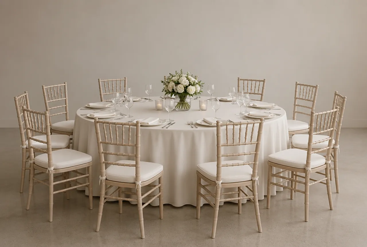One 72-inch round table dressed identically in floor-length ivory linen with ten chairs evenly set with same plain neutral background and soft light.