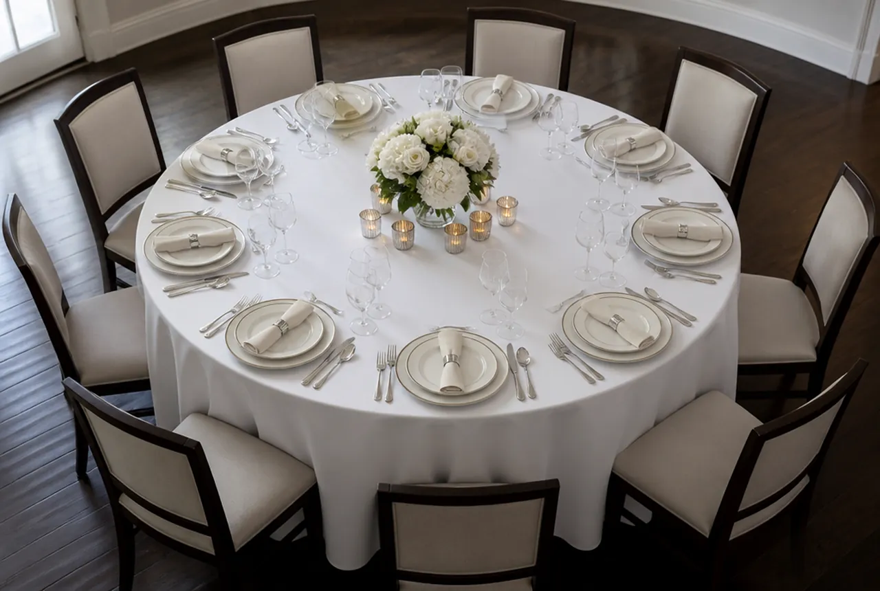 A 60-inch round table with eight full place settings, china, glassware and folded napkins and soft light.