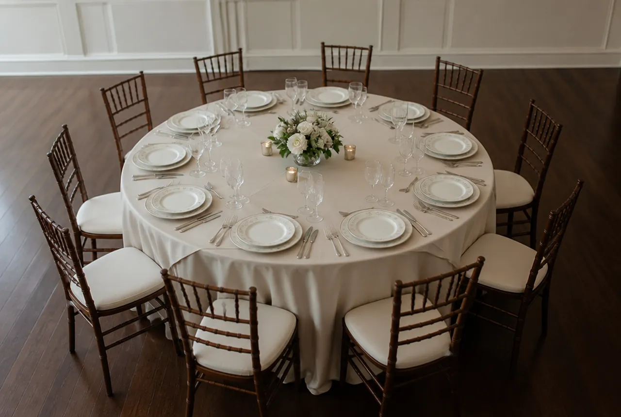 A 72-inch round table with ten full place settings, the same china and glassware and same soft light.