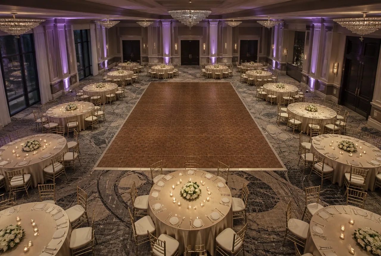 A hall of 60-inch round tables arranged around a rectangular parquet dance floor with evening uplighting.