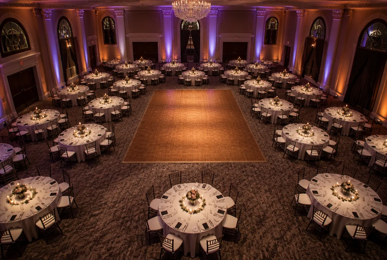 The same hall and the same rectangular parquet dance floor with the room set in 72-inch round tables instead with identical evening uplighting.