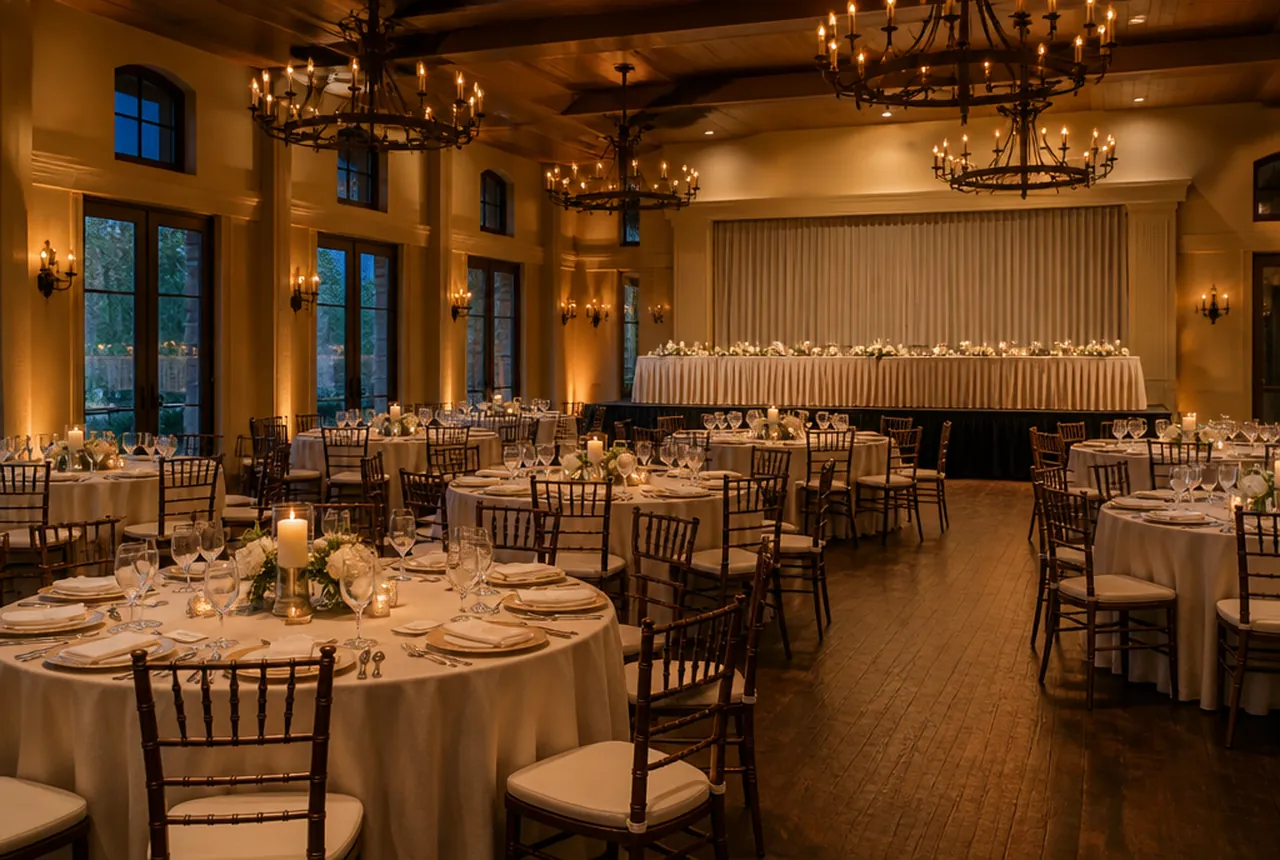 A hall with a long dressed head table on a low riser facing 60-inch round tables with warm evening light.