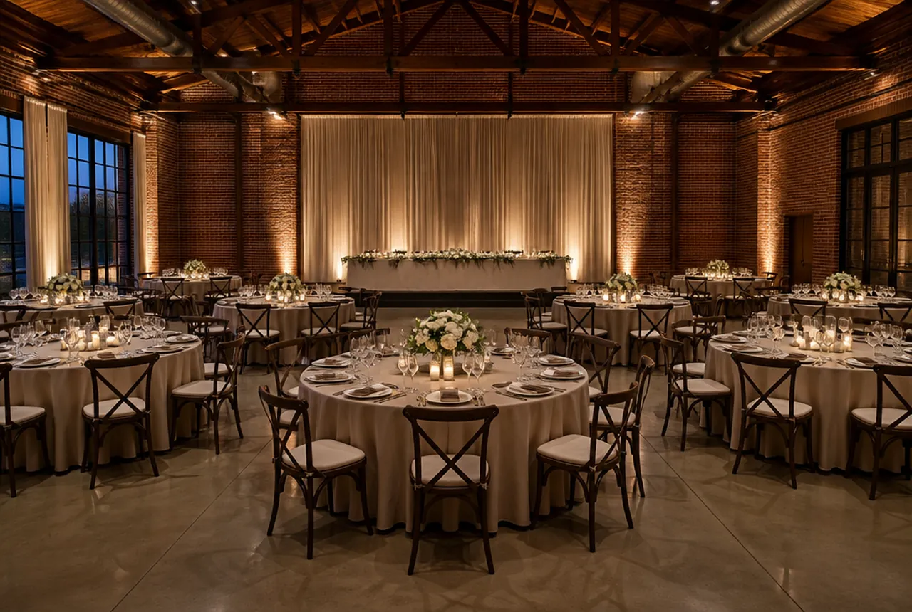 The same hall and the same head table on a low riser with the floor set in 72-inch round tables with identical warm evening light.