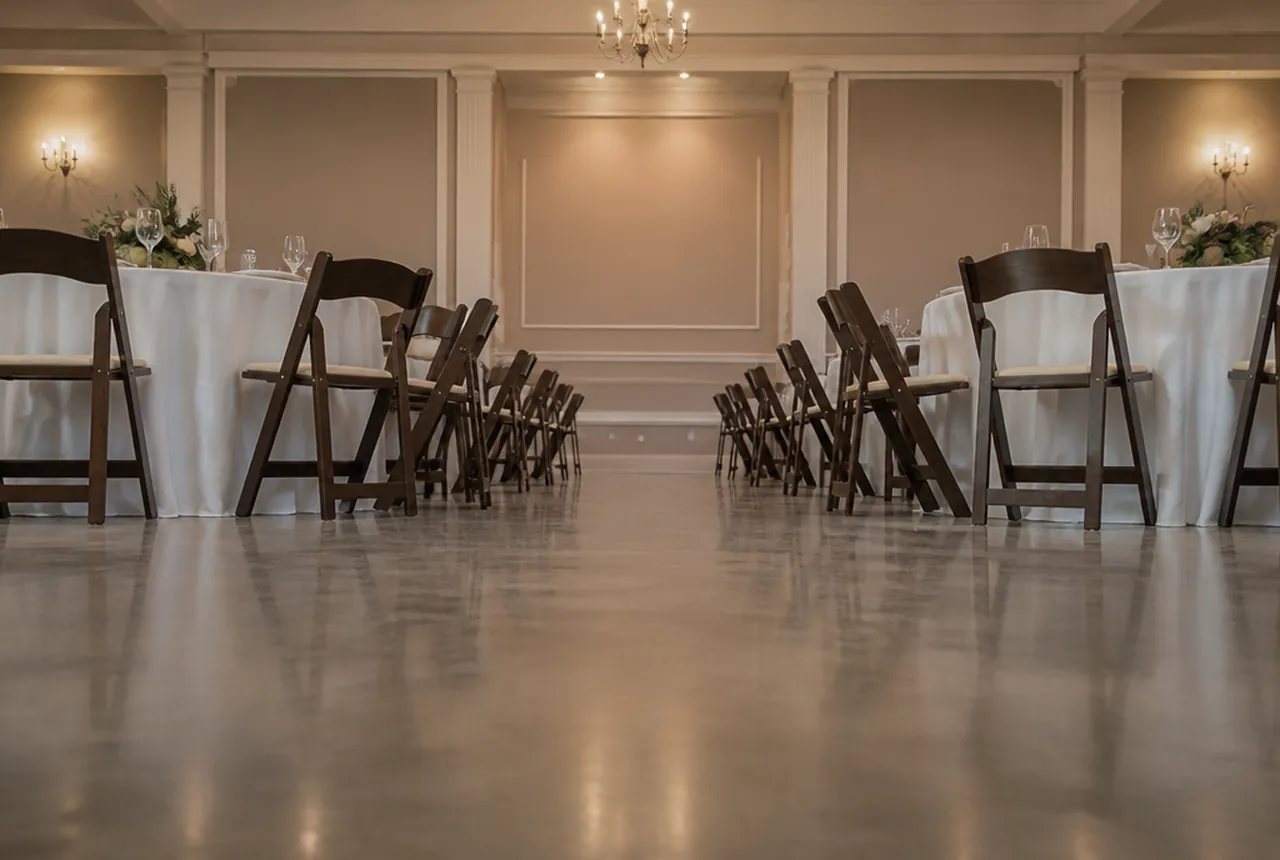 The clean gap between two dressed 60-inch round tables with chairs set with polished floor filling the lower frame.