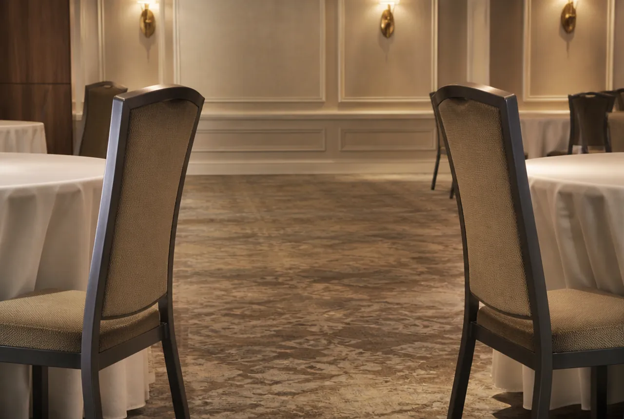 Two chairs backing onto each other from adjacent banquet tables with a clear walking gap between them with warm room light.