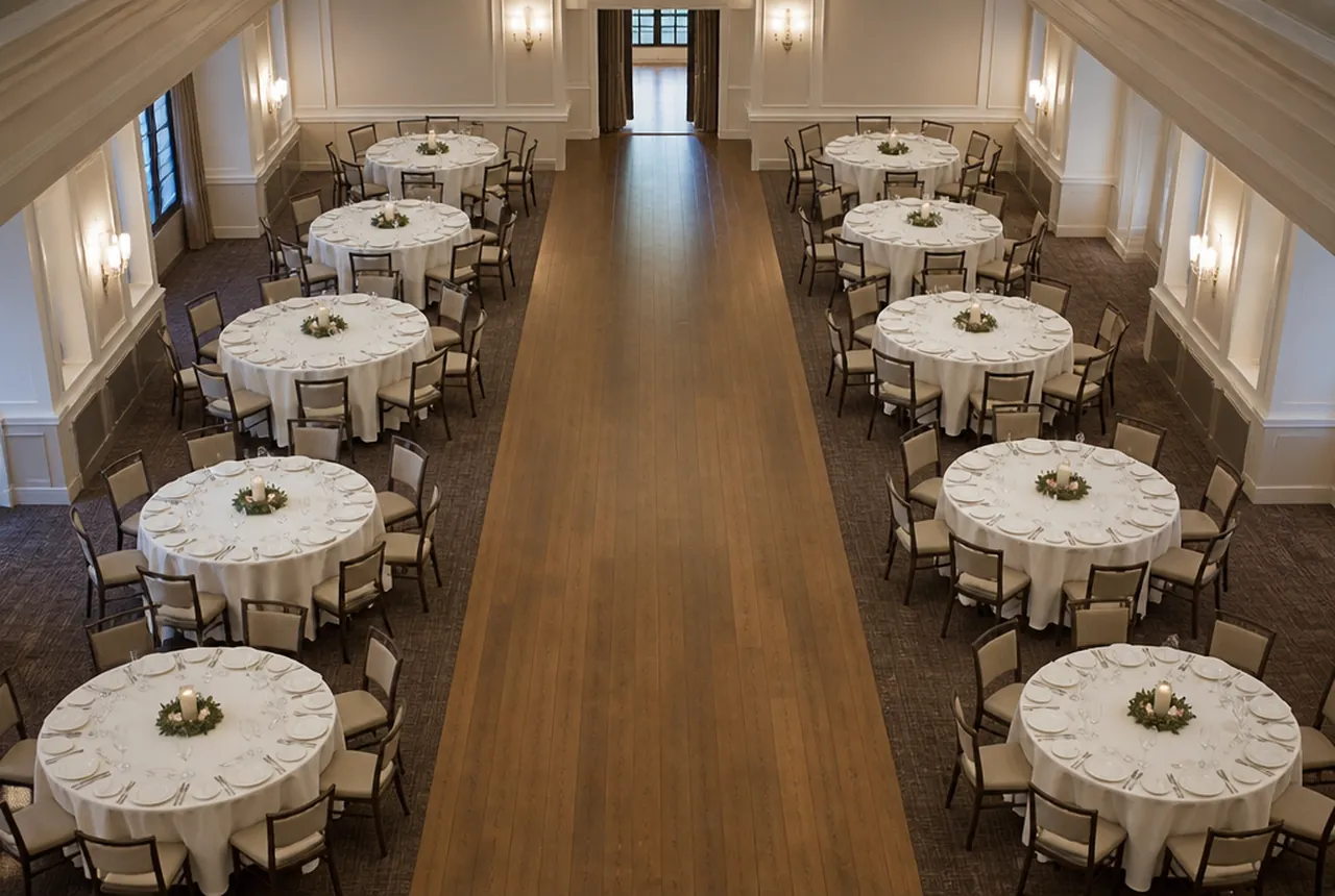 A generous main aisle running between two blocks of set round tables toward a doorway with even light.