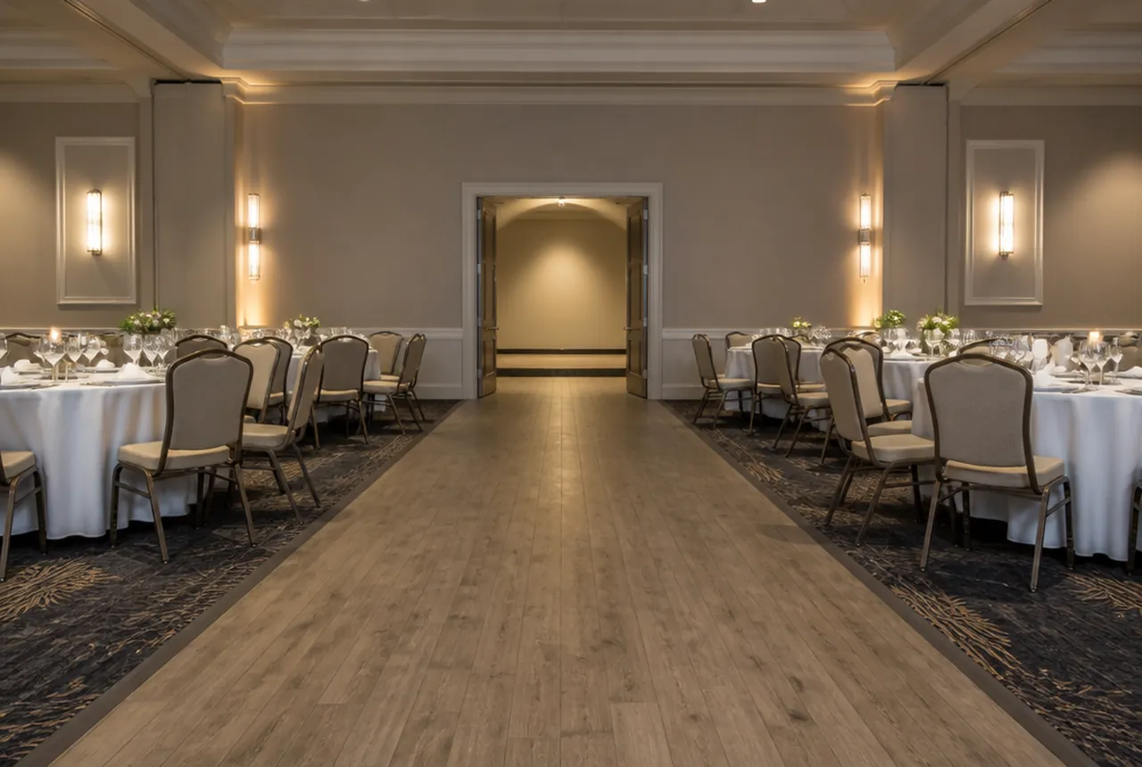 A wide clear service corridor running between set banquet tables to a plain service doorway.