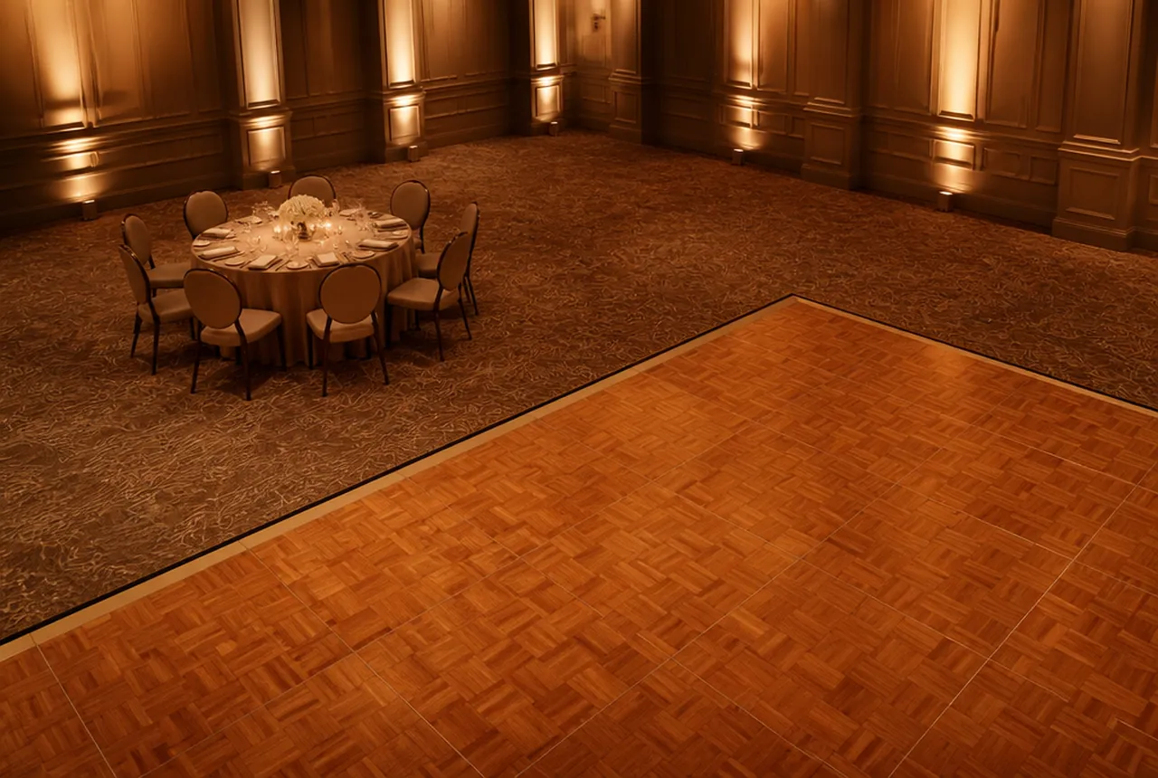 The corner of a parquet dance floor with the nearest dressed round table set back from its edge with warm uplighting.