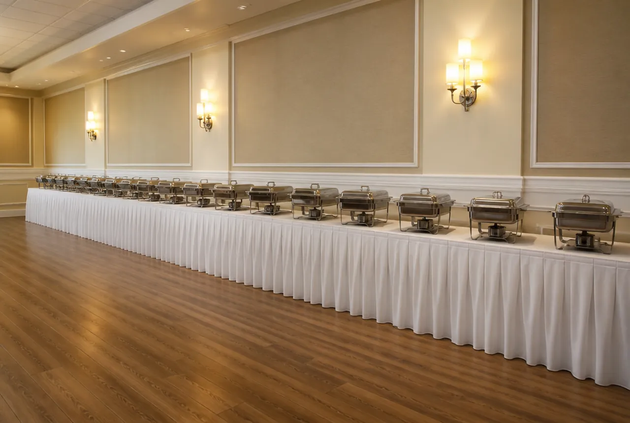 A skirted buffet line along a wall with empty chafing units and clear open floor on the guest side with warm light.