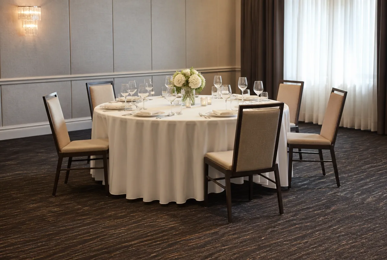 A dressed round table with one chair removed to leave an open place with clear approach floor, the other chairs set and soft light.