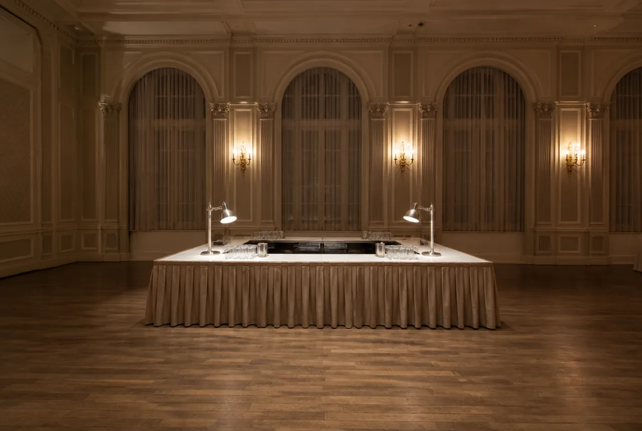 A skirted service bar with glassware in an event room