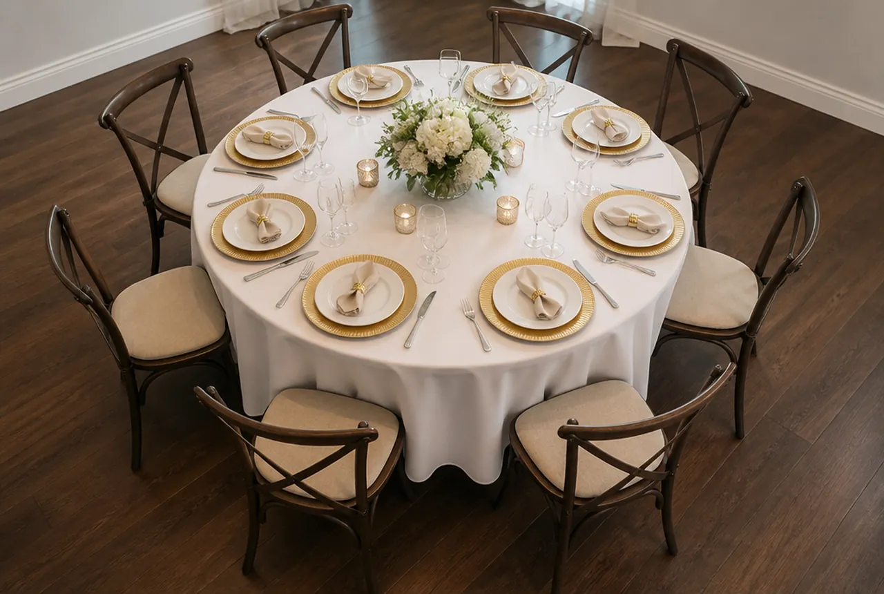 One dressed 60-inch round table with eight chairs evenly set and full place settings with soft even light.