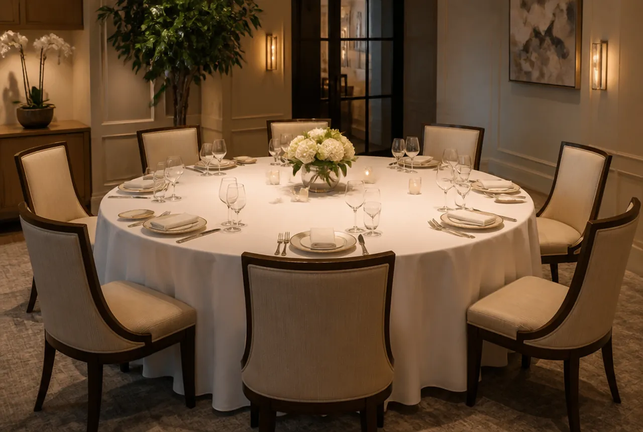 A dressed 60-inch round table with eight chairs and clearly generous elbow room between the place settings with warm light.
