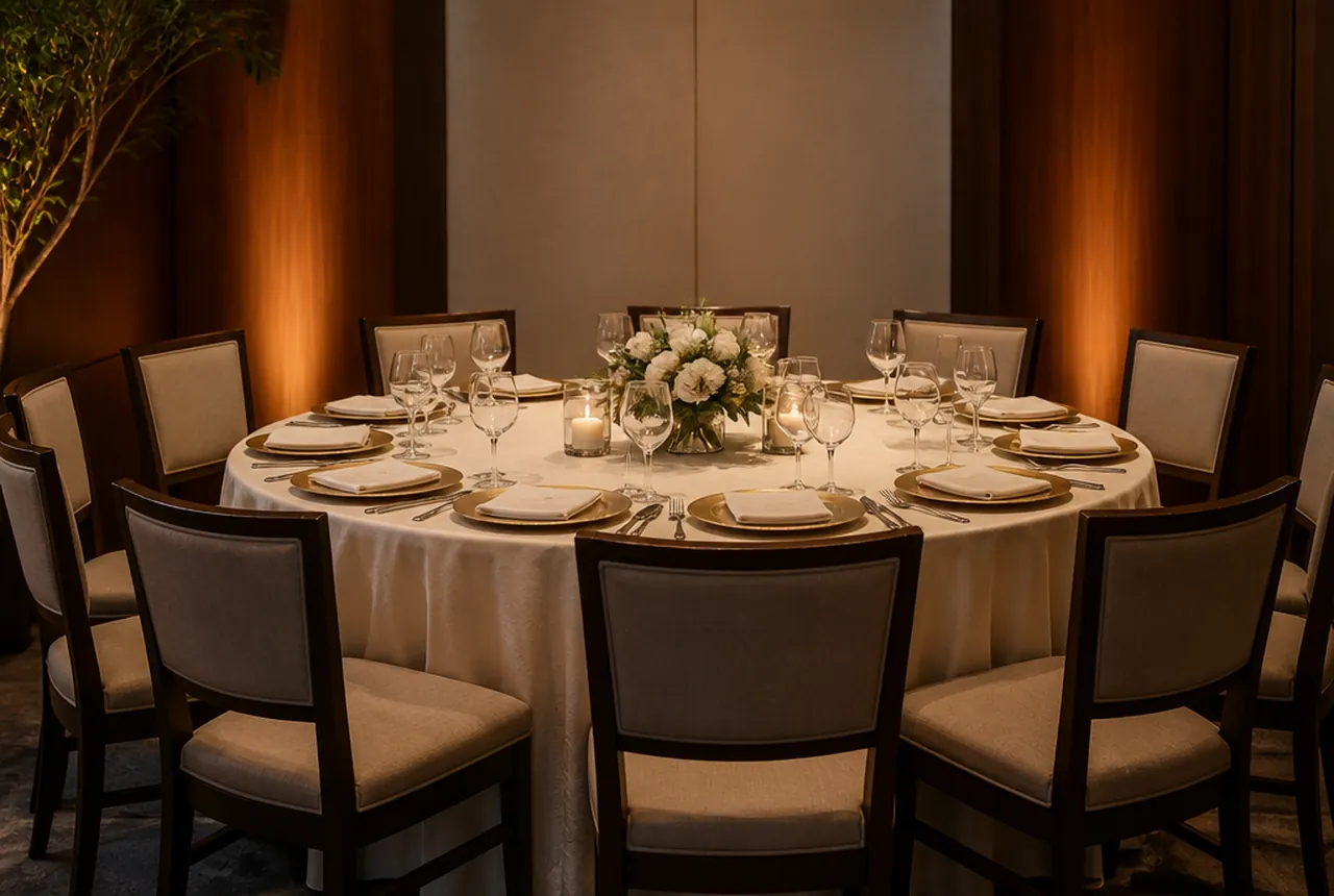 The same dressed 60-inch round table with ten chairs set around it and the place settings visibly closer together with same warm light.