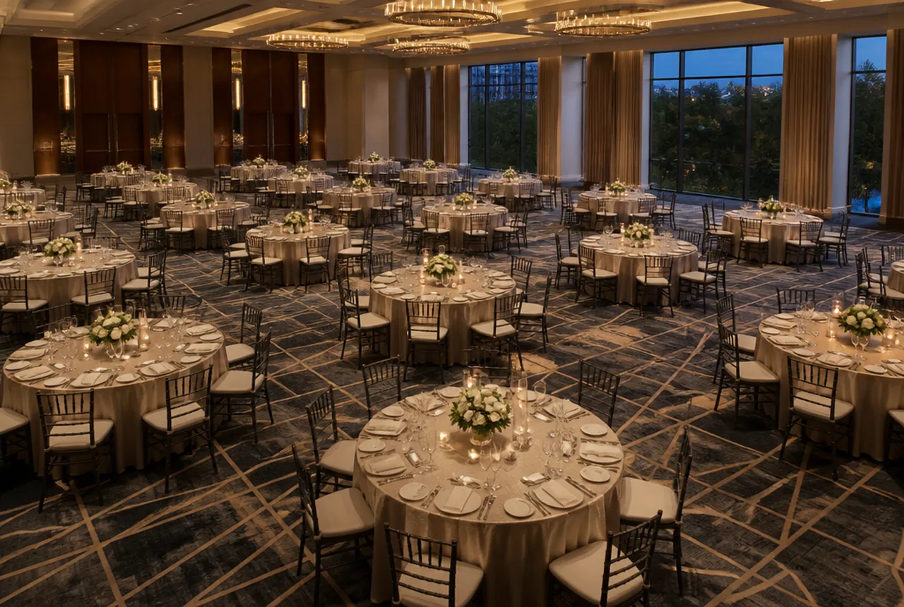 A ballroom of dressed 60-inch round tables set at generous spacing with evening light.