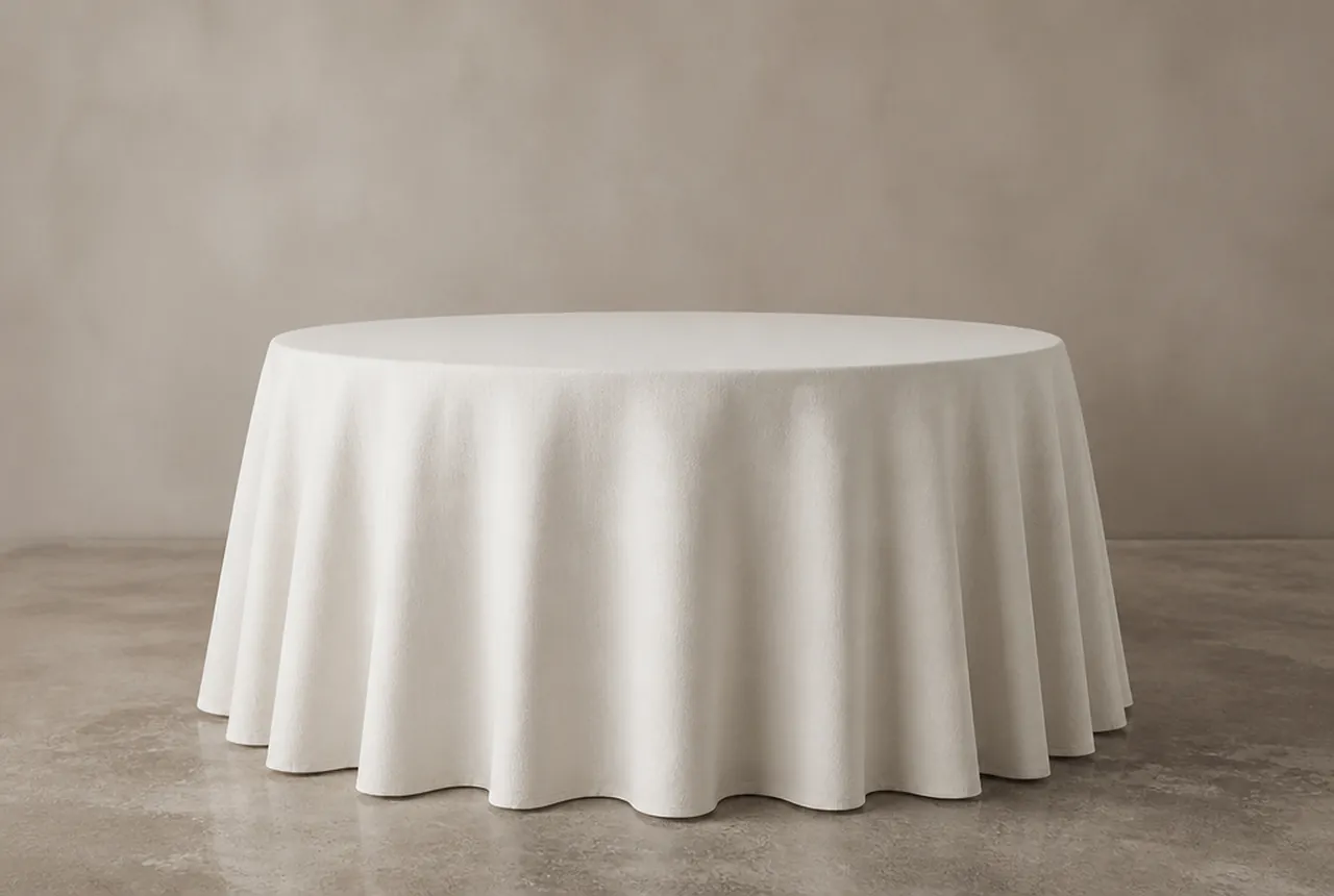 A 60-inch round table in floor-length ivory linen with the drop breaking cleanly at the floor with plain neutral background.