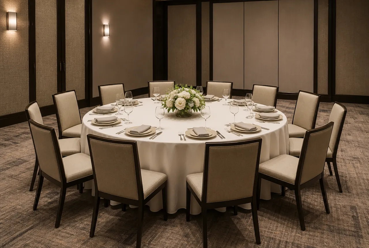 One dressed 72-inch round table with ten chairs set and full place settings with warm even light.