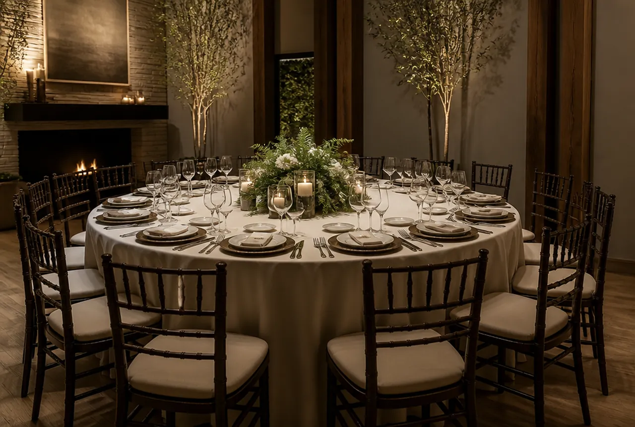 The same dressed 72-inch round table set with twelve chairs and noticeably tighter place settings with same warm light.