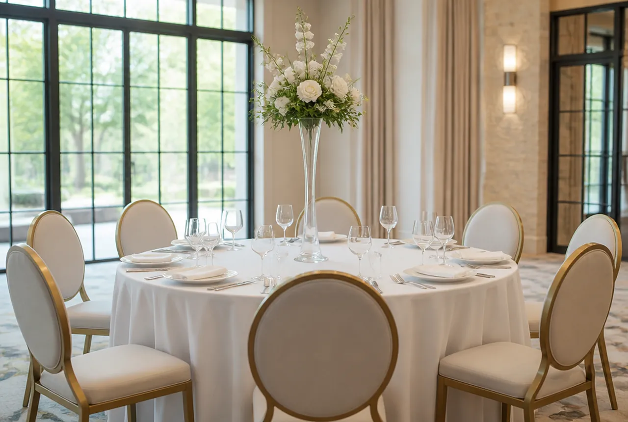 A dressed 72-inch round table with a tall slim floral centrepiece leaving clear sightlines across the table with soft light.