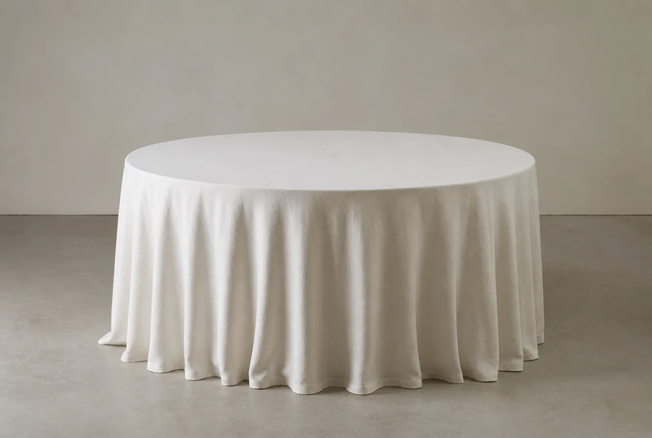 A 72-inch round table in floor-length ivory linen breaking at the floor with plain neutral background.