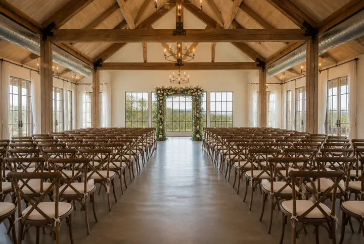 A bright event venue with timber beams and rows of chairs