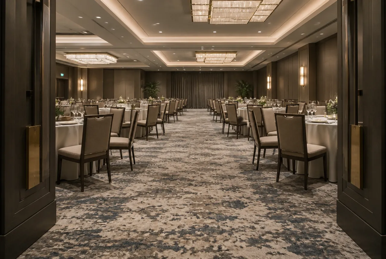 A set banquet room with a clear continuous path running from an entry between tables to the far side.