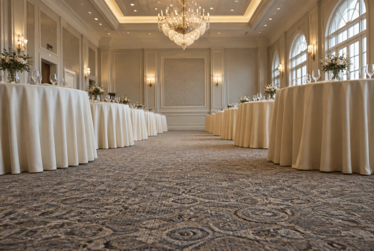 An unobstructed path between dressed round tables and clear of chair backs.