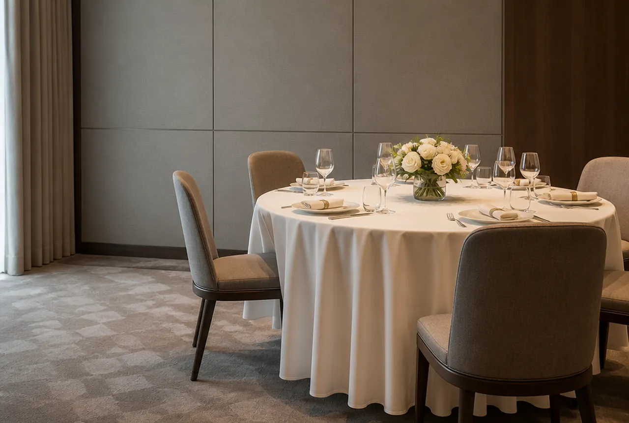 A dressed round table with one chair removed leaving an open place with clear approach with soft light.
