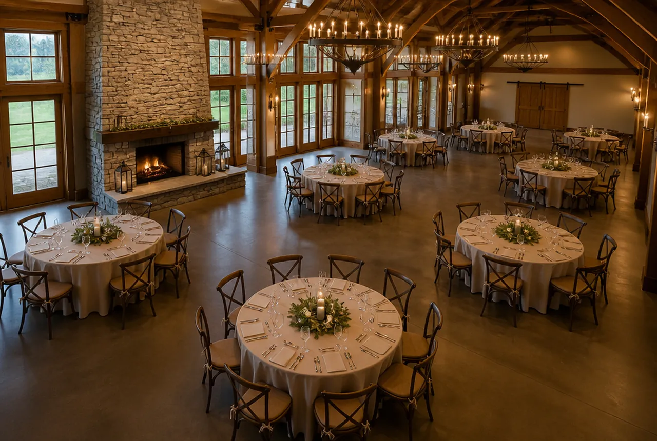 A set hall with several open places at different tables across the room.