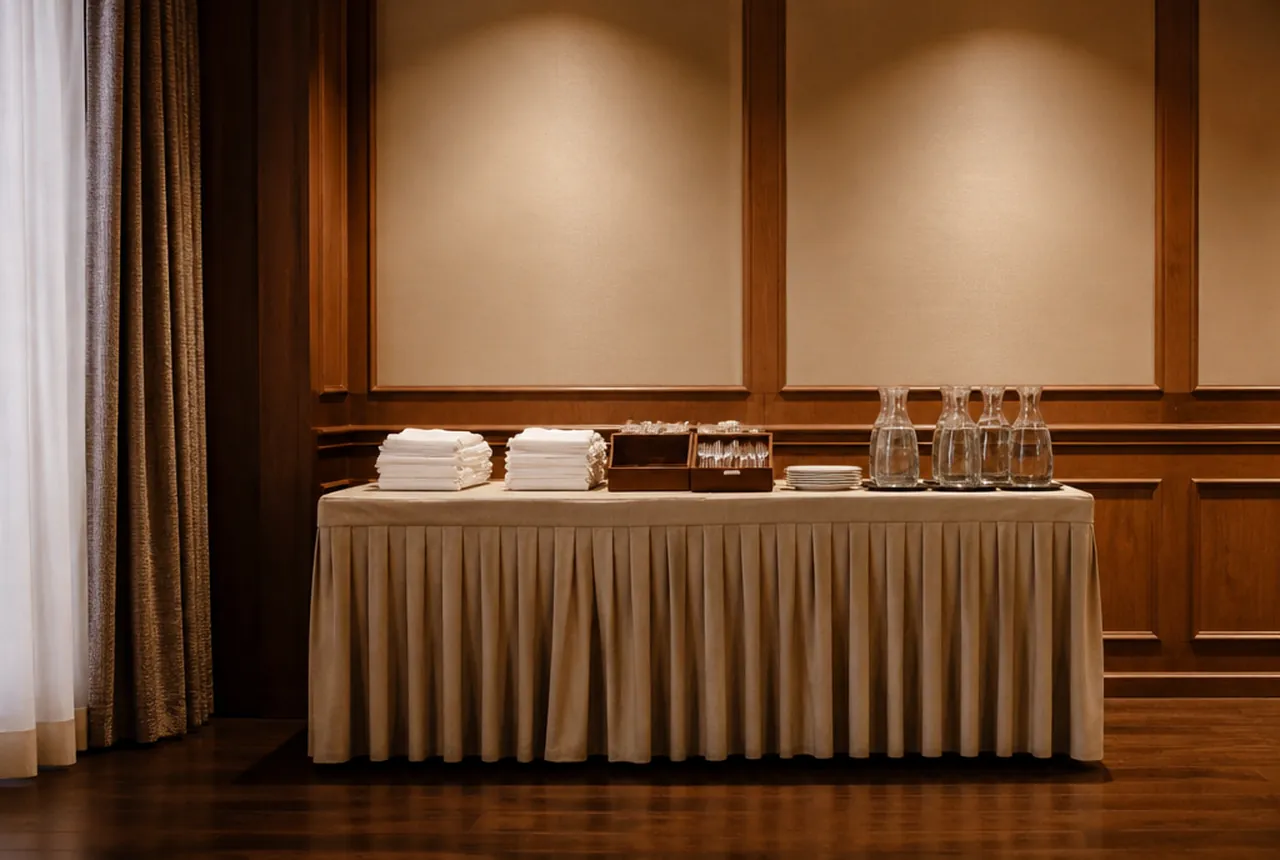 A skirted service side station stocked with folded linen, flatware and water pitchers against a wall and warm light.