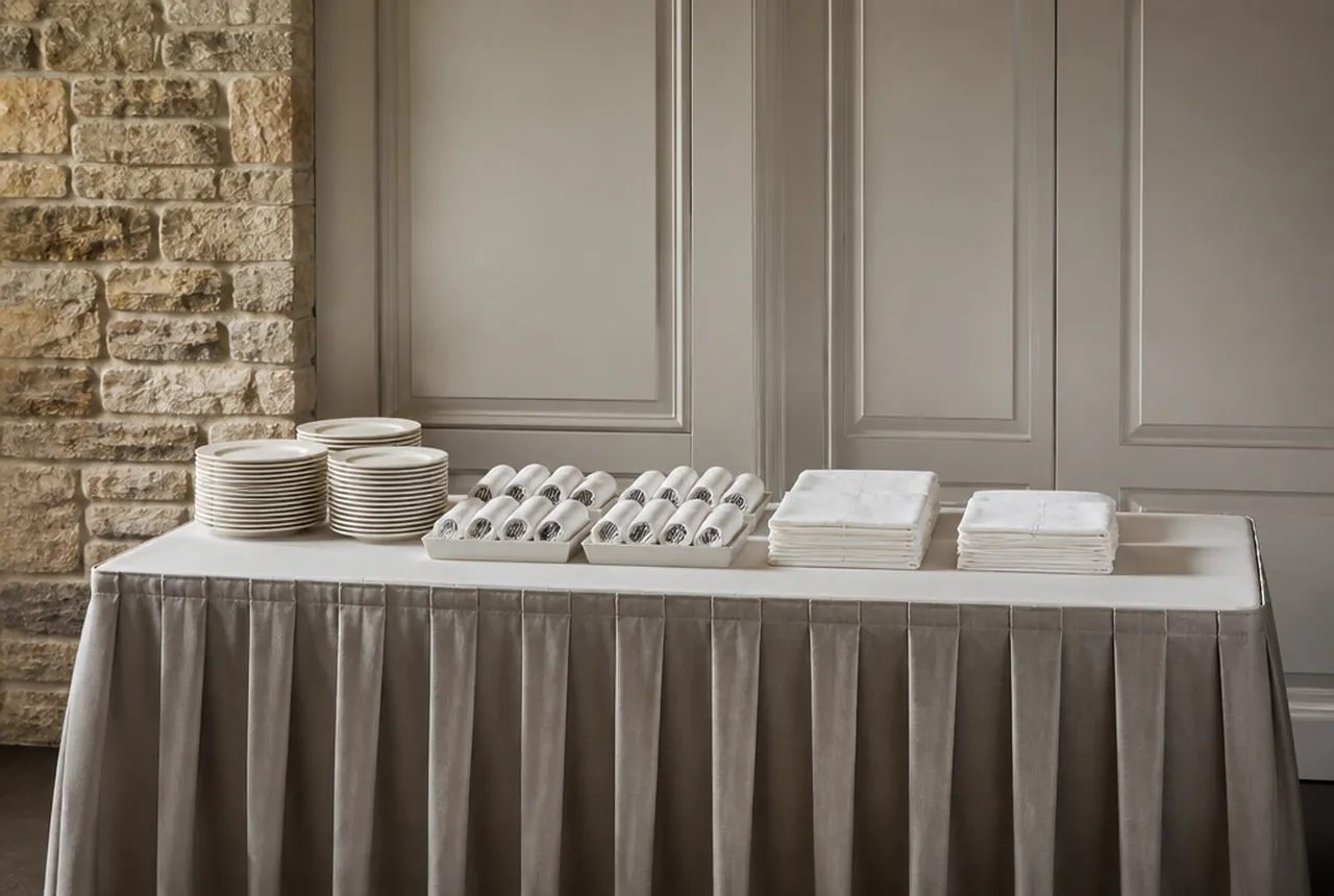 A skirted service station with neat stacks of side plates, flatware rolls and folded napkins and soft light.