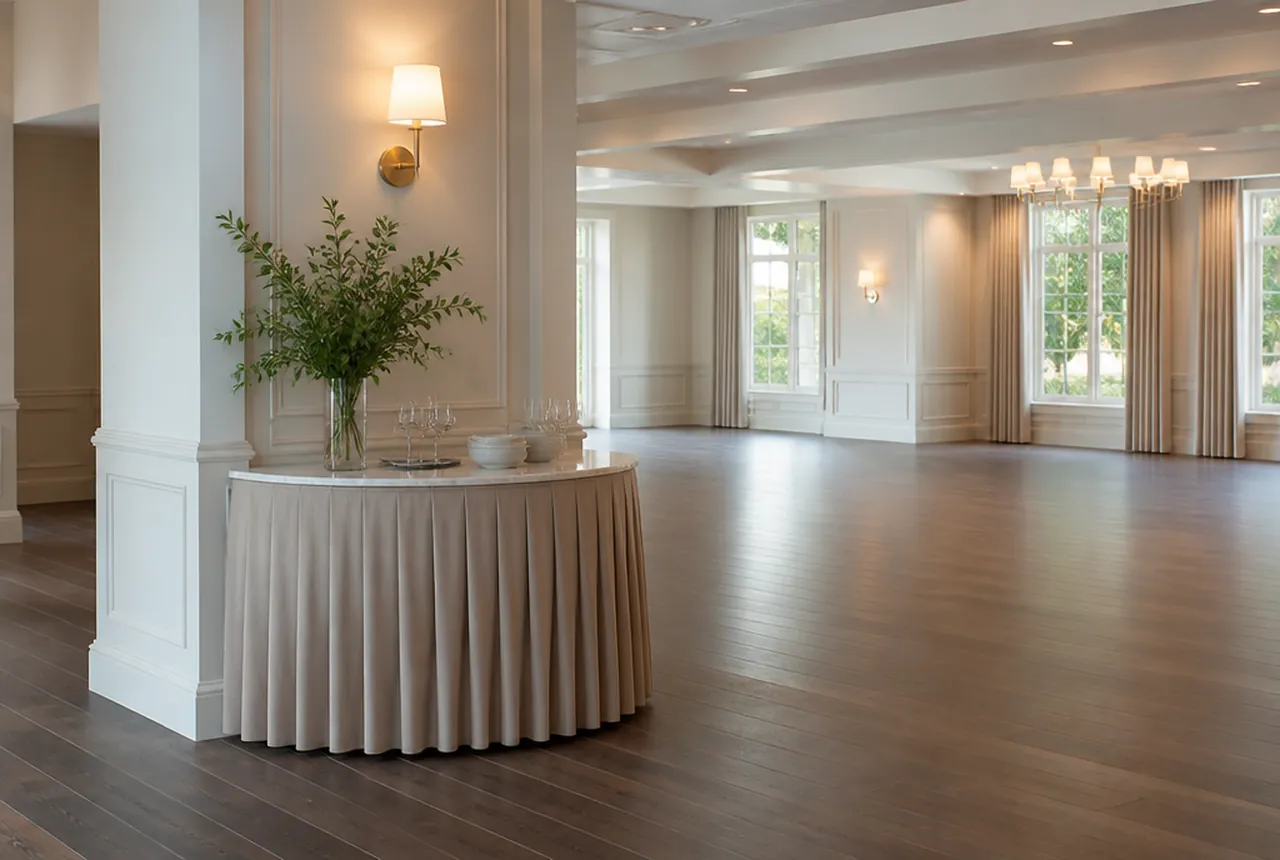 A skirted side station tucked against a structural column with clear floor around it and the room set beyond.