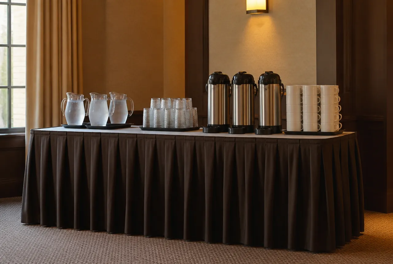 A skirted station with water pitchers, coffee urns and stacked cups and warm light.