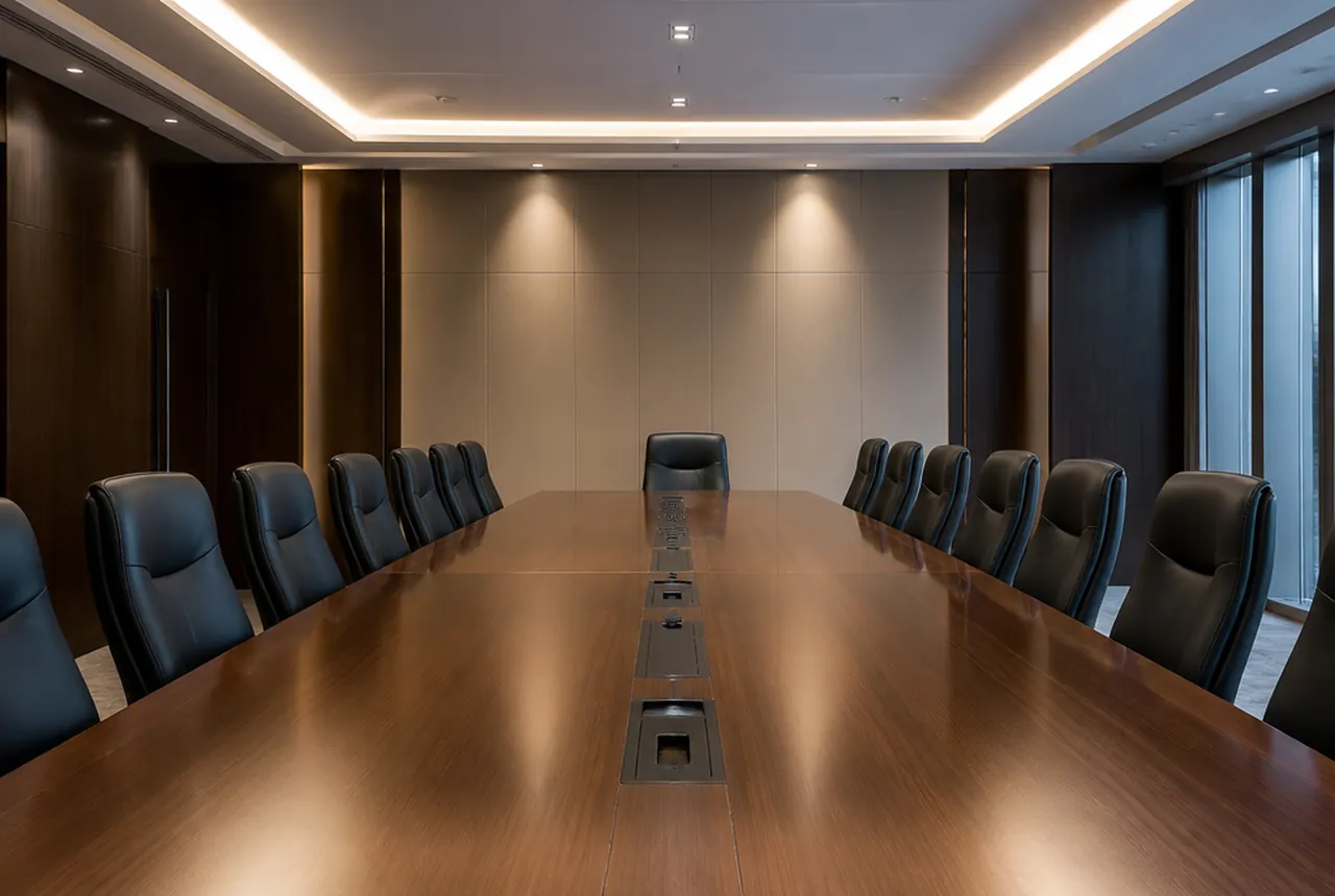Boardroom conference setup with one solid table and chairs down both long sides and at each end