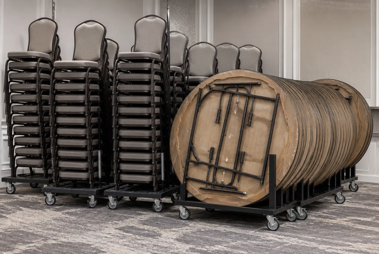 Staging zone at the edge of a function room with chair stacks and table dollies parked clear of the exit path