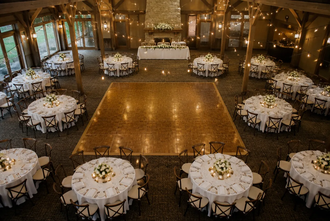 Dance floor placed at the centre of the room with guest tables ringed around all four sides of it